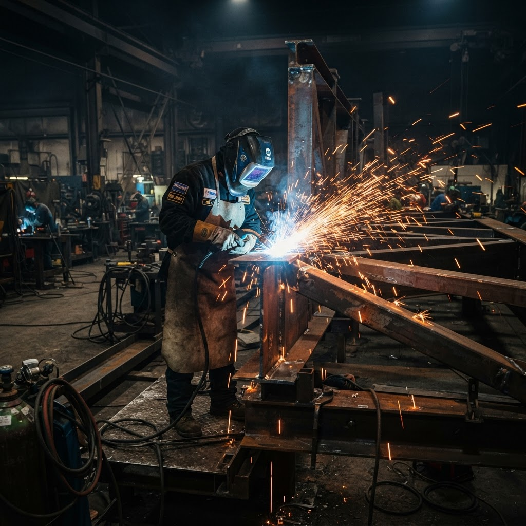 Welder fabricating structural steel with sparks flying